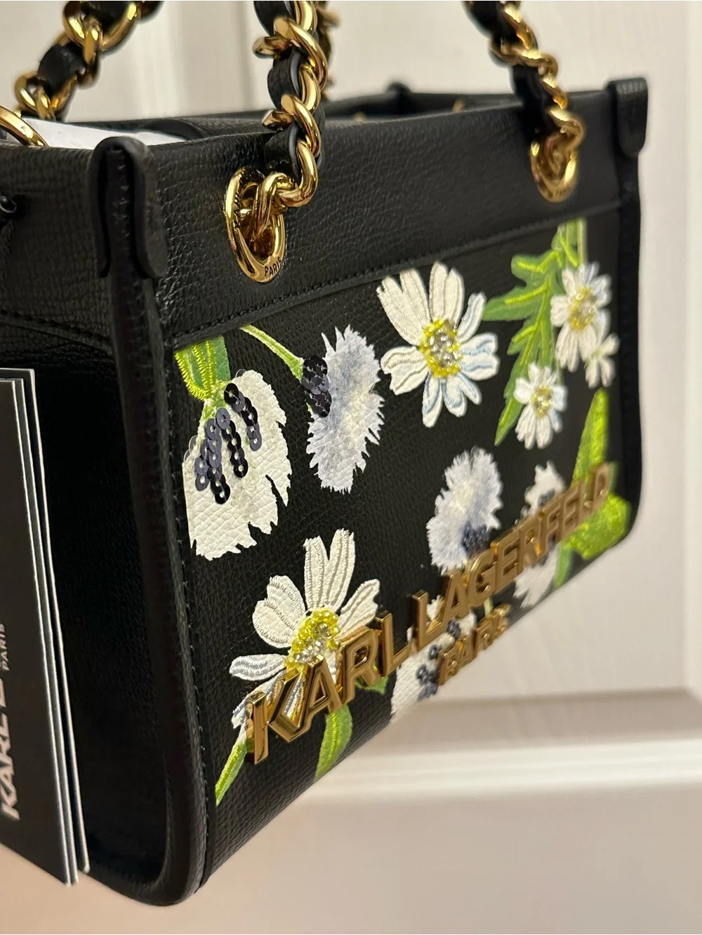 Karl Lagerfeld Black Floral Embroidered Satchel with Gold Chain